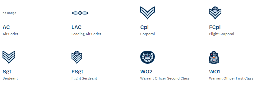 Air Cadet rank progression from Air Cadet through Warrant Officer First Class